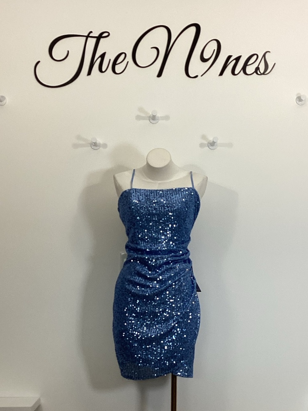 Emerald Sundae Blue Sequins Mini Spaghetti Strap Formal Dress NWT Large